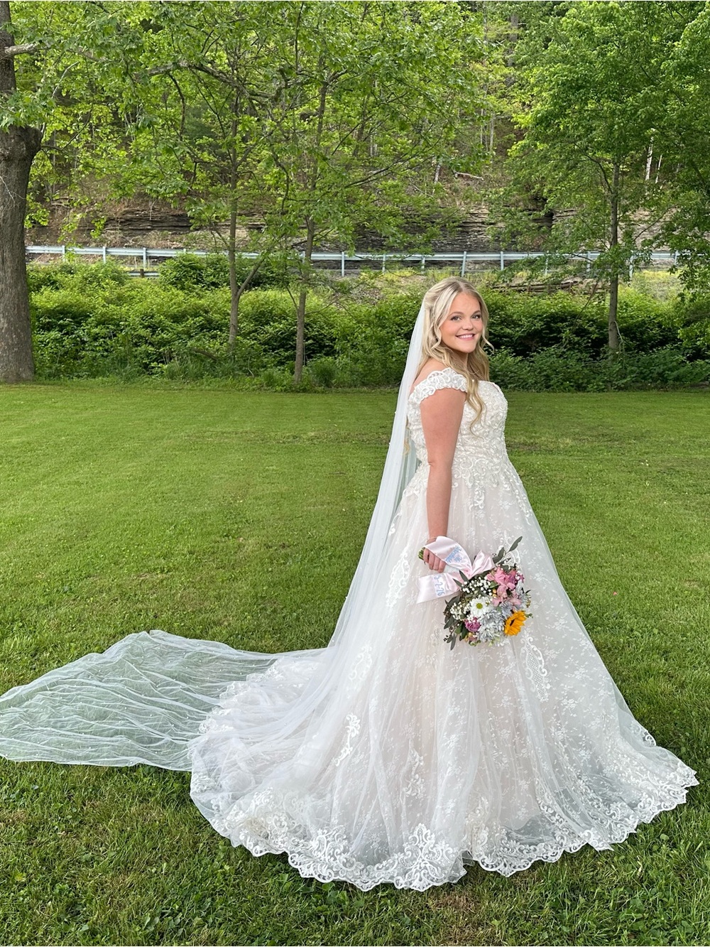 Stunning lace wedding gown GLS Collective Off-Shoulder Ivory Lace